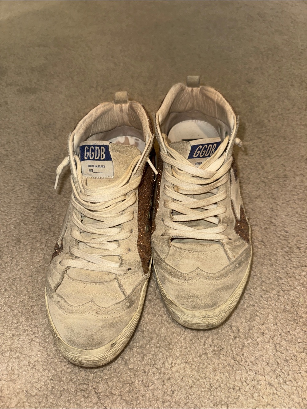 Golden Goose Beige Suede Sneakers with Brown Glitter Star Accent